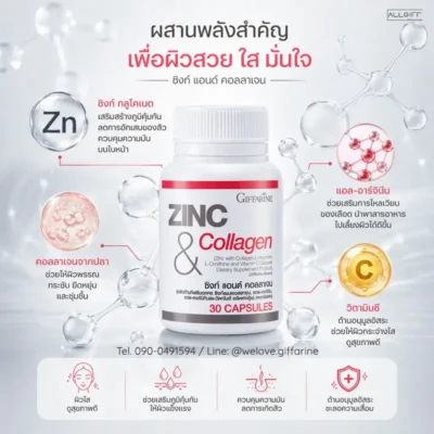 ส่วนผสมสำคัญของ ซิงก์ แอนด์ คอลลาเจน มีซิงก์กูลโคเนต คอลลาเจนจากปลา แอล-อาร์จินีน และวิตามินซี
