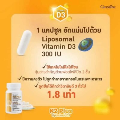 ภาพขยายเทคโนโลยีไลโปโซมอล วิตามินดี 3 ที่ช่วยหุ้มสารสำคัญ ทำให้ผลิตภัณฑ์กิฟฟารีน เค 2 พลัส ดูดซึมได้ดีกว่าวิตามินดี 3 ทั่วไปถึง 1.8 เท่า