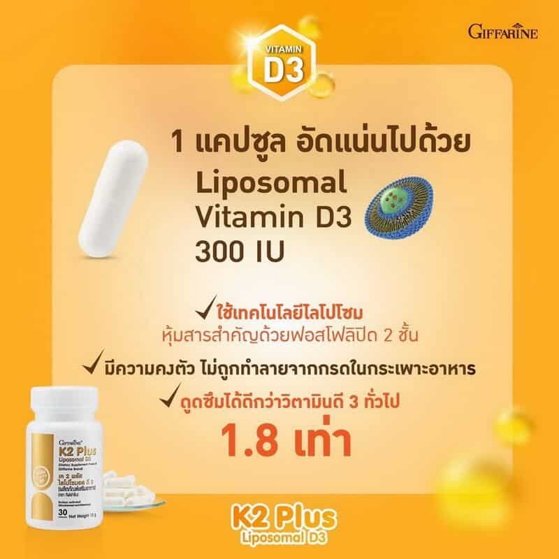 ภาพขยายเทคโนโลยีไลโปโซมอล วิตามินดี 3 ที่ช่วยหุ้มสารสำคัญ ทำให้ผลิตภัณฑ์กิฟฟารีน เค 2 พลัส ดูดซึมได้ดีกว่าวิตามินดี 3 ทั่วไปถึง 1.8 เท่า