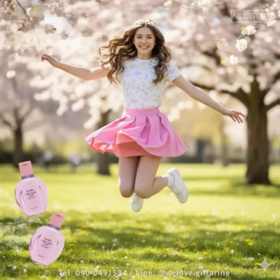 วัยรุ่นหญิงกระโดดอย่างมีความสุขในสวน แสดงถึงความมั่นใจไร้กังวลเมื่อใช้ Giffarine Care Clean Active Young