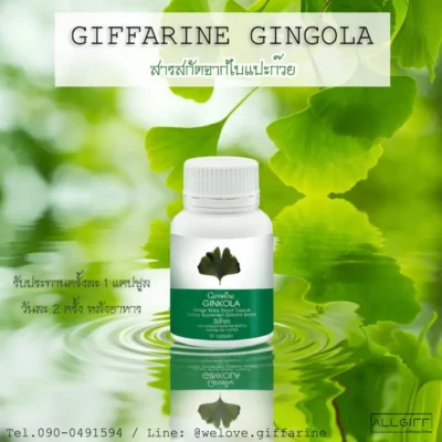 ผลิตภัณฑ์เสริมอาหาร จิงโกลา กิฟฟารีน สารสกัดจากใบแปะก๊วย วางบนผิวน้ำสะท้อนเงา พร้อมข้อความวิธีกิน รับประทานครั้งละ 1 แคปซูล วันละ 2 ครั้ง