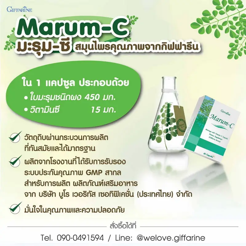 อินโฟกราฟิกส่วนประกอบสำคัญของมะรุมซี กิฟฟารีน ที่มีใบมะรุม 450 มก. และวิตามินซี 15 มก. พร้อมมาตรฐานการผลิต GMP