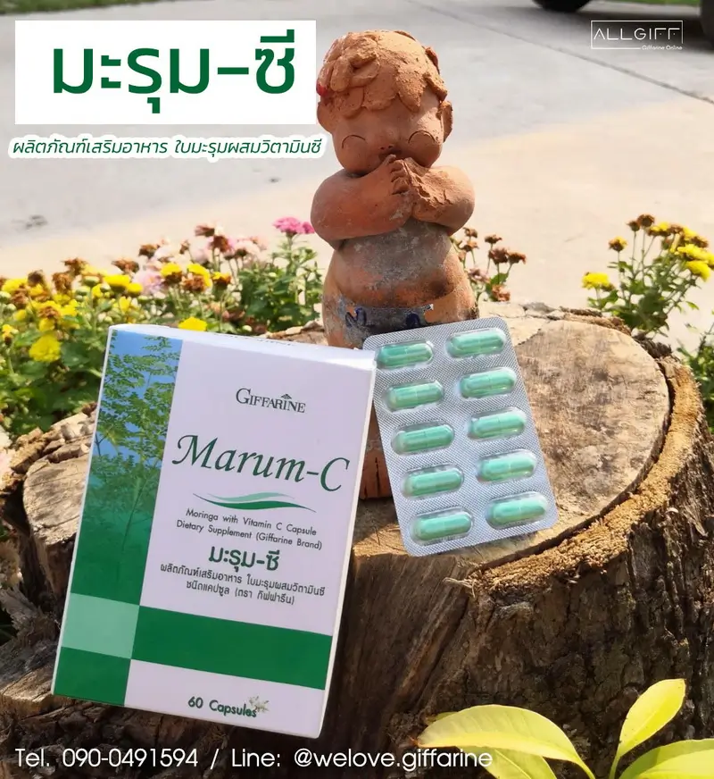 มะรุมซี กิฟฟารีน วางบนตอไม้ในสวน แสดงถึงความเป็นธรรมชาติของผลิตภัณฑ์สมุนไพร