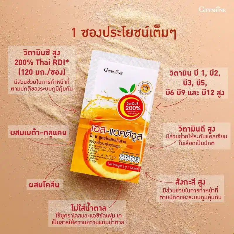 ส่วนประกอบสำคัญใน เอส-แอคติจูส ไฮ-ซี 1 ซอง ประกอบด้วยวิตามินซีสูง เบต้า-กลูแคน และวิตามินรวม