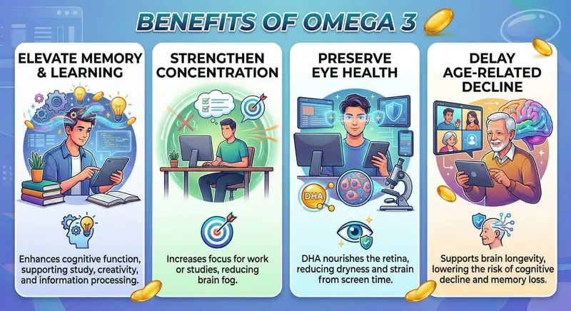 สรุปประโยชน์ของ DHA และโอเมก้า 3 ในด้านการบำรุงสมอง ความจำ สมาธิ และถนอมดวงตา