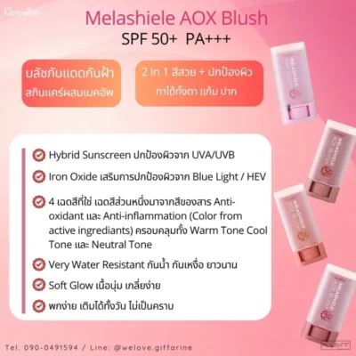 Infographic แสดงคุณสมบัติ บลัชกันแดด กิฟฟารีน เมลาชิลด์ ปกป้องผิวจาก UVA, UVB, Blue Light, แสงสีฟ้า กันน้ำกันเหงื่อ เนื้อ Soft Glow 4 เฉดสี ทาได้ ตา แก้ม ปาก