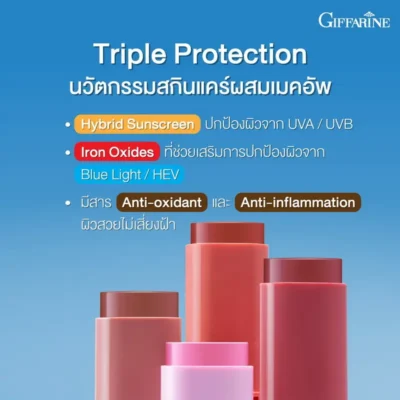 Infographic อธิบาย Triple Protection นวัตกรรมสกินแคร์ผสมเมคอัพของ กิฟฟารีน เมลาชิลด์ มี Hybrid Sunscreen, Iron Oxides กันแสงสีฟ้า, สาร Anti-oxidant และ Anti-inflammation