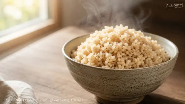 ข้าวกล้องหุงสุกร้อนๆ ในถ้วย อาหารที่มีแมกนีเซียมสูงและไฟเบอร์สูง