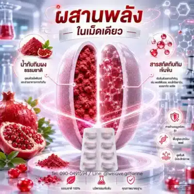 ส่วนประกอบใน 1 เม็ด ผสานพลังน้ำทับทิมผงธรรมชาติและสารสกัดทับทิมเข้มข้น