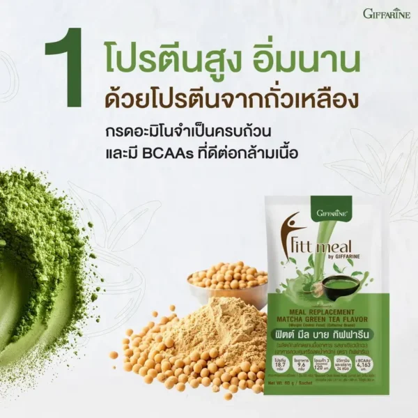 เหตุผลข้อที่ 1 เลือกฟิตต์มีล รสชาเขียวมัทฉะ เพราะโปรตีนสูง อิ่มนาน จากถั่วเหลือง มีกรดอะมิโนจำเป็นและ BCAAs