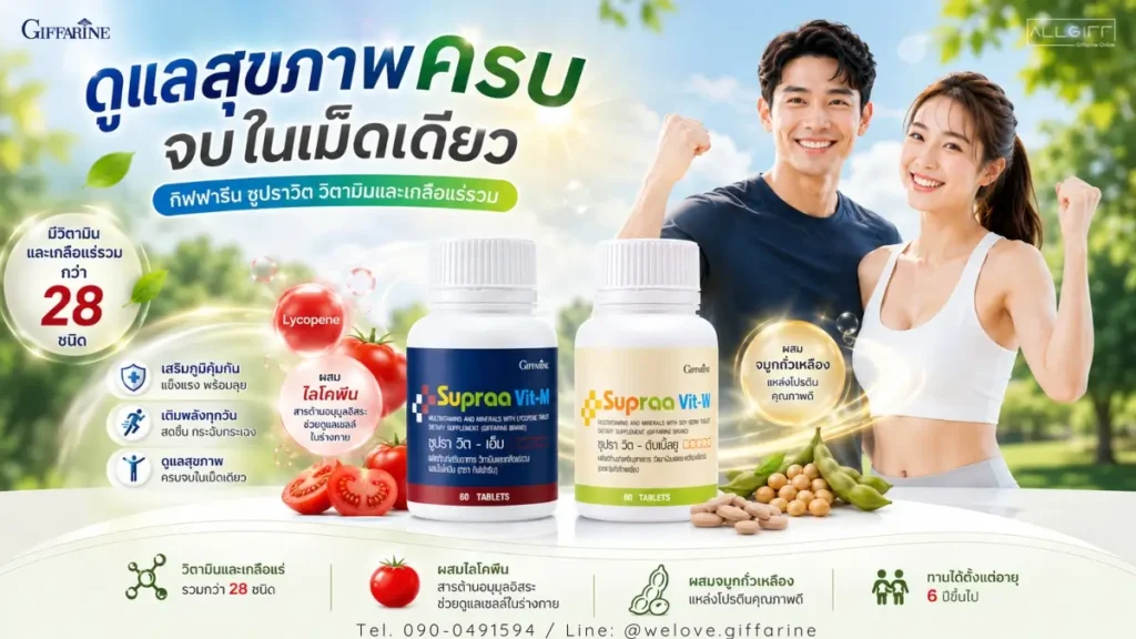 แบนเนอร์วิตามินและเกลือแร่รวม กิฟฟารีน ซูปราวิต เอ็ม และดับเบิ้ลยู สูตรดูแลสุขภาพครบจบในเม็ดเดียว แยกสูตรเฉพาะทางสำหรับผู้ชายและผู้หญิง