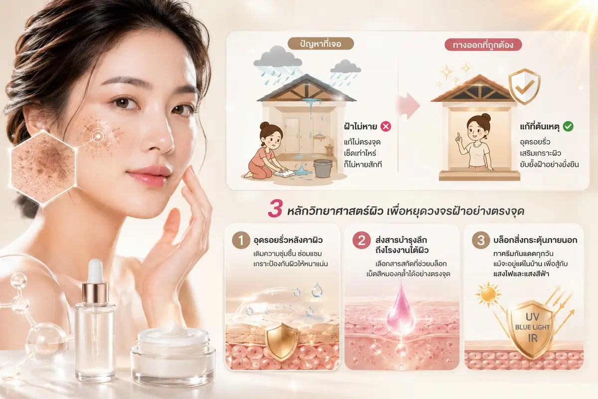 ภาพจำลองเปรียบเทียบหลังคาผิวรั่วกับวิธีรักษาฝ้าแดด ฝ้าฮอร์โมน อย่างถูกวิธี ด้วย 3 หลักวิทยาศาสตร์ผิวพรรณเพื่อหยุดวงจรฝ้า