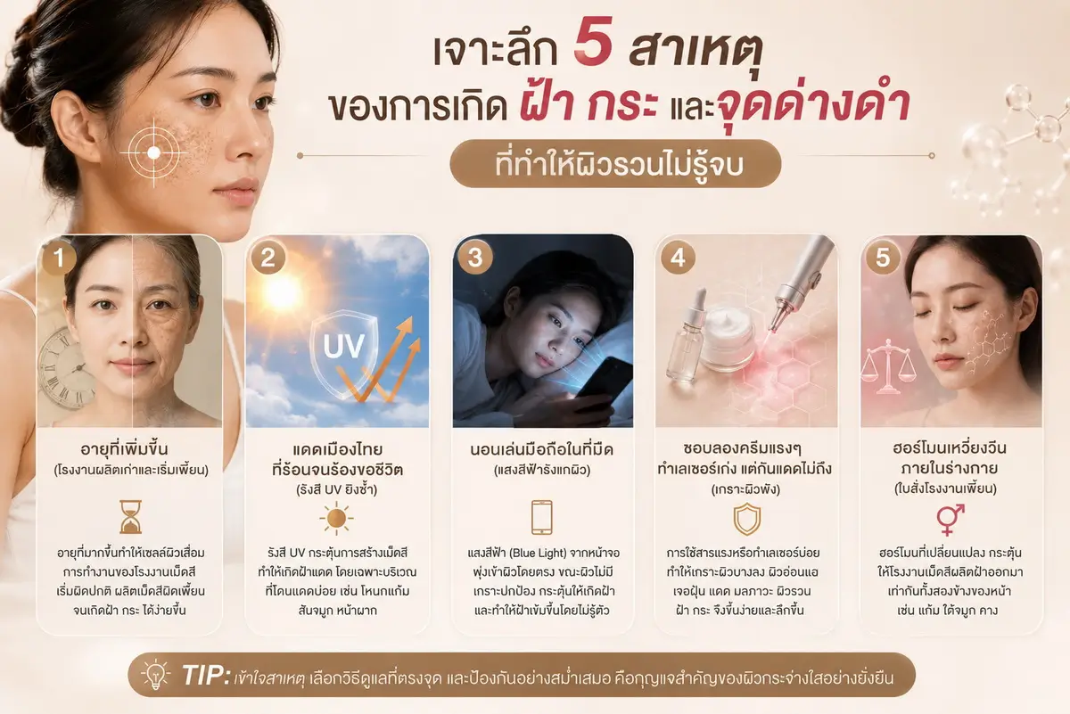 อินโฟกราฟิกเจาะลึก 5 สาเหตุของการเกิด ฝ้า กระ และจุดด่างดำ ที่ทำให้ผิวรวนจากอายุ แสงแดด แสงสีฟ้า มลภาวะ และฮอร์โมน