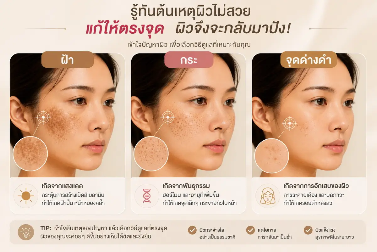 ภาพเปรียบเทียบลักษณะความแตกต่างบนใบหน้าระหว่าง ฝ้า กระ และจุดด่างดำ พร้อมบอกสาเหตุการเกิดของแต่ละชนิด